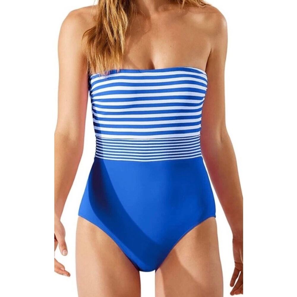 Tommy Bahama Blue & White Strapless One-Piece Swimsuit
